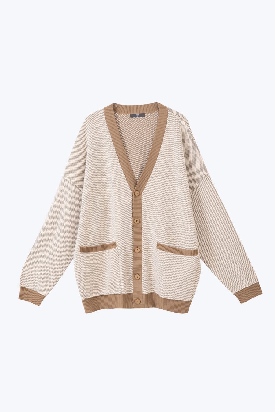 MKL900206J KNITTED DUAL COLOUR PATCH POCKET CARDIGAN COFFEE