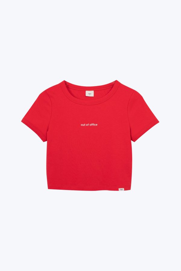 CT000811D COTTON TEXT EMBROIDERY CROPPED TEE RED